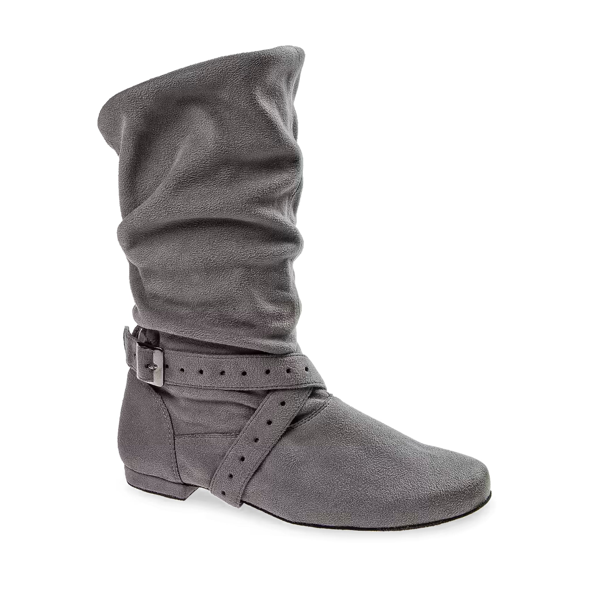 Diamants 202 Tanzstiefel: Graue Wildlederstiefel mit Schnallenriemen, flachem Absatz und spitzer Zehenpartie.